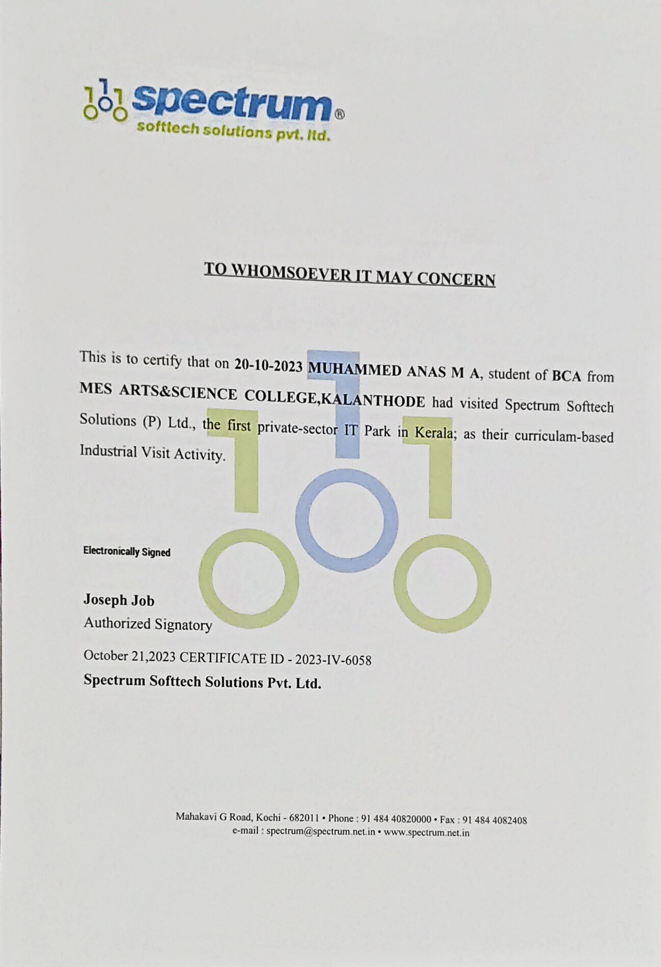 Industrial Visit Certificate